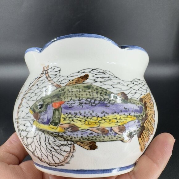Vintage Ceramic Dish Bowl Flower Pot Container With Fish Trout Design Wavy Edges - Picture 5 of 13